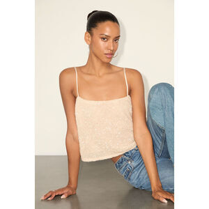 Lulus Evaline Champagne Sequin Boxy Crop Cami Top Beige - Size L